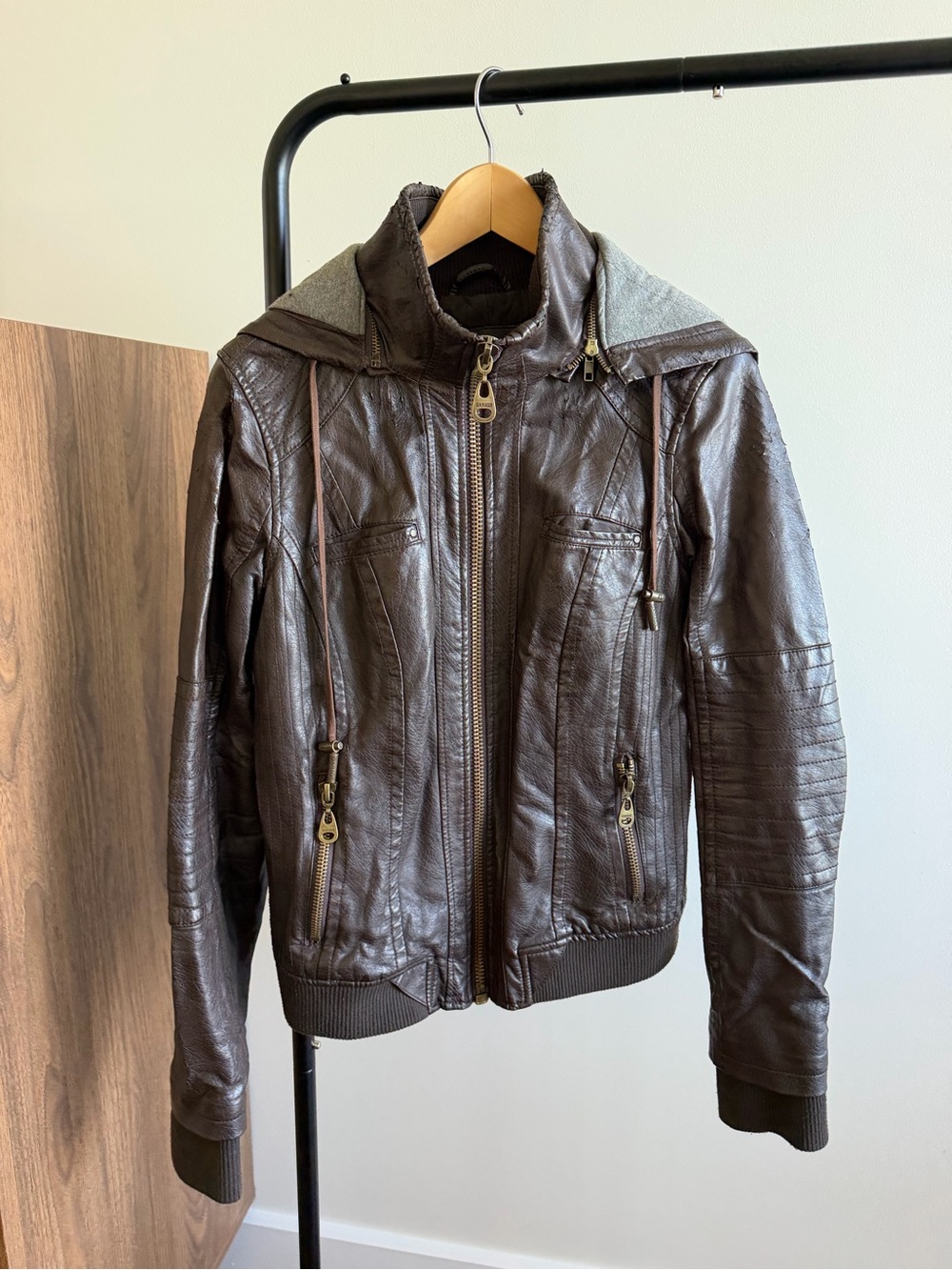 Garage Perfect Bomber Faux Leather Jacket with Hood Brown Size L